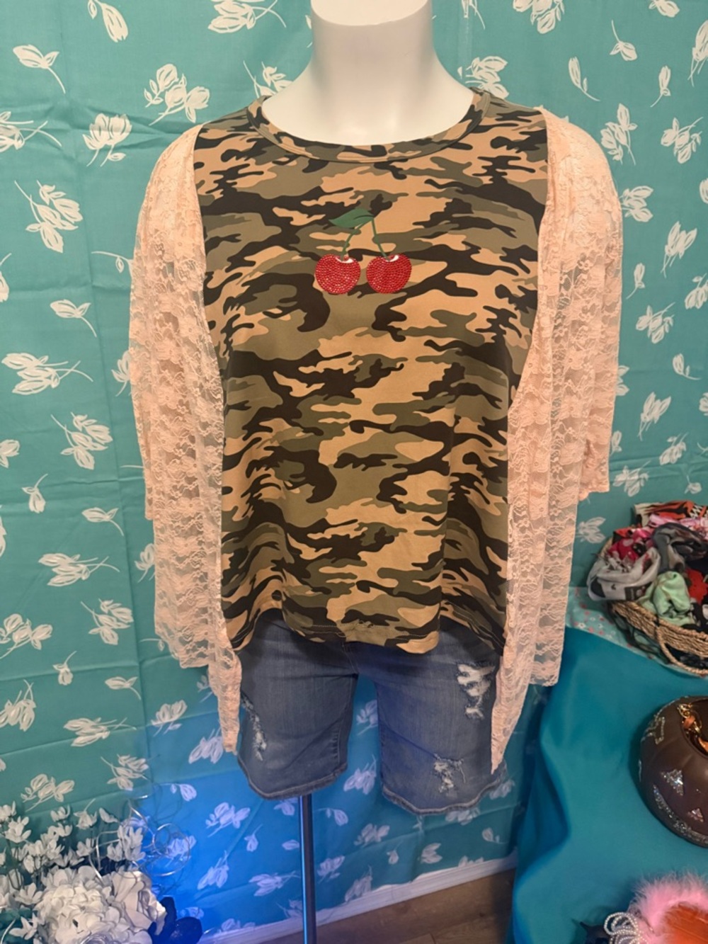Camo Cherry Graphic Tee with Pink Lace Kimono